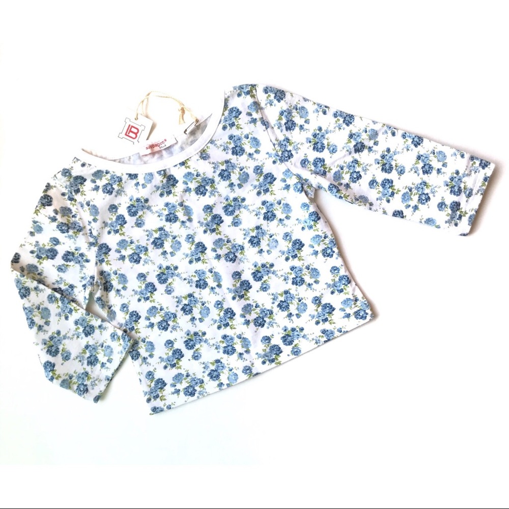 NWT Euro Blue Flower Print Shabby Chic Long Sleeve Tee Top Girls 5 NEW